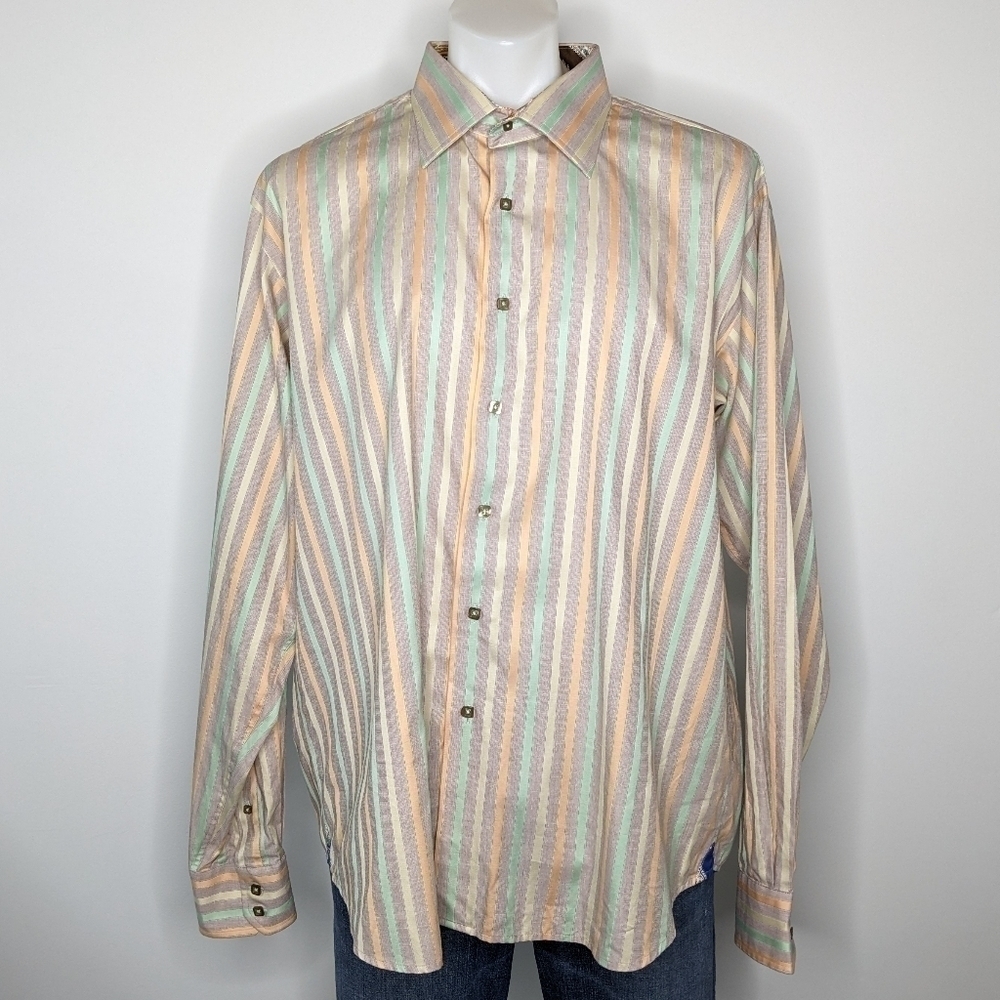 Visconti purple orange striped 100% cotton button up dress shirt XL